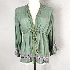 Fun2Fun Tie‎ Front Lace Trim Green Embroidered Blouse Renaissance Fairy Medium